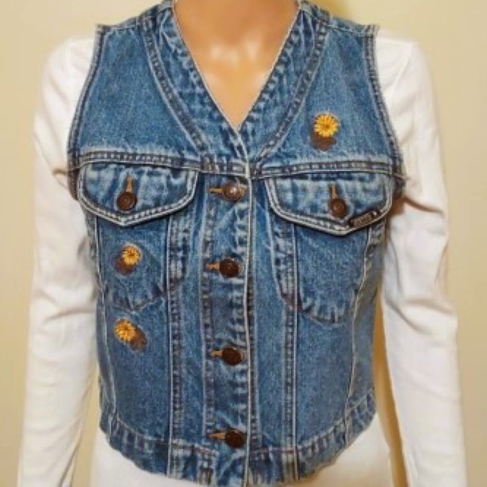 VINTAGE GASOLINE IND. C0.MEDIUM WASH EMBROIDERED DENIM VEST SIZE L